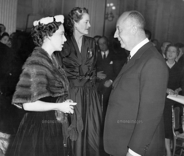 Christian Dior with Princess Margaret at Blenheim Palace, home of the Duke and Duchess of Marlborough, for the preview of Dior's 1954 Winter collection. Novemeber 1954